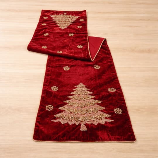 Melrose 70" x 14" Red & Gold Embroidered Pine Tree Table Runner